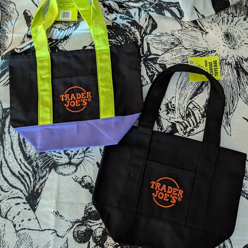 Trader Joe's Mini Canvas Tote Bags - Set Of 2 Black And Multi BNWT